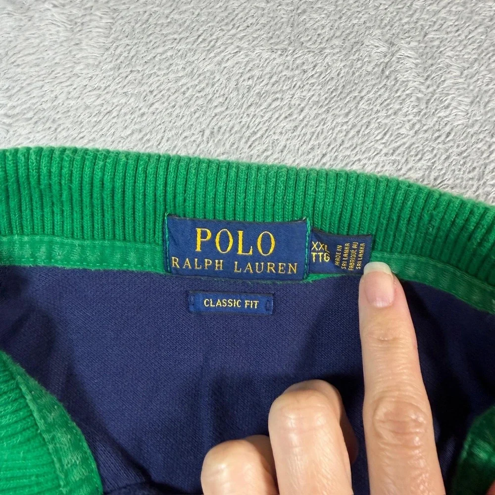 Polo Ralph Lauren Polo Shirt Mens 2XL Blue Big Pony Crest Green Collar Rugby